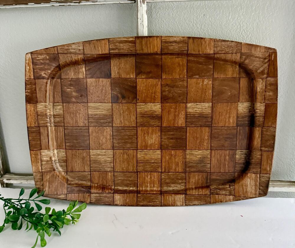 Vintage Weavewood Inc Walnut Serving Tray | Mid Century Modern Wooden Tray